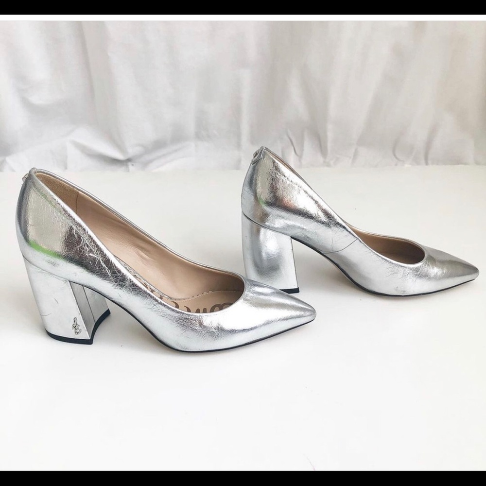 Sam Edelman silver pointed shoe block heel